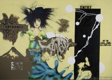 Entry, Entrance (Just Don't Do It)  [Bejárat, Bejárat]  * SI-LA-GI with Grin (Sylvain Bertrand) * charcoal, spray paint, acrylic on canvas, paper, wire netting * 197x280 cm - 2007
