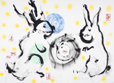 (2009) « Sky rabbits », 2009, 106*78, chinese ink and acrylic and spray