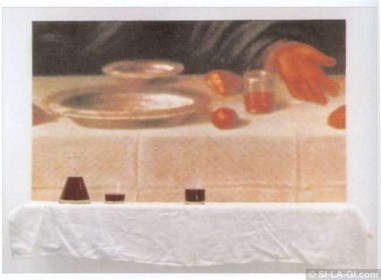 Last Supper (detail)  [Utolsó vacsora.-részlet] - Silkscreen, glasses, wine, clothes 80 x 926 x 25 cm – 1995